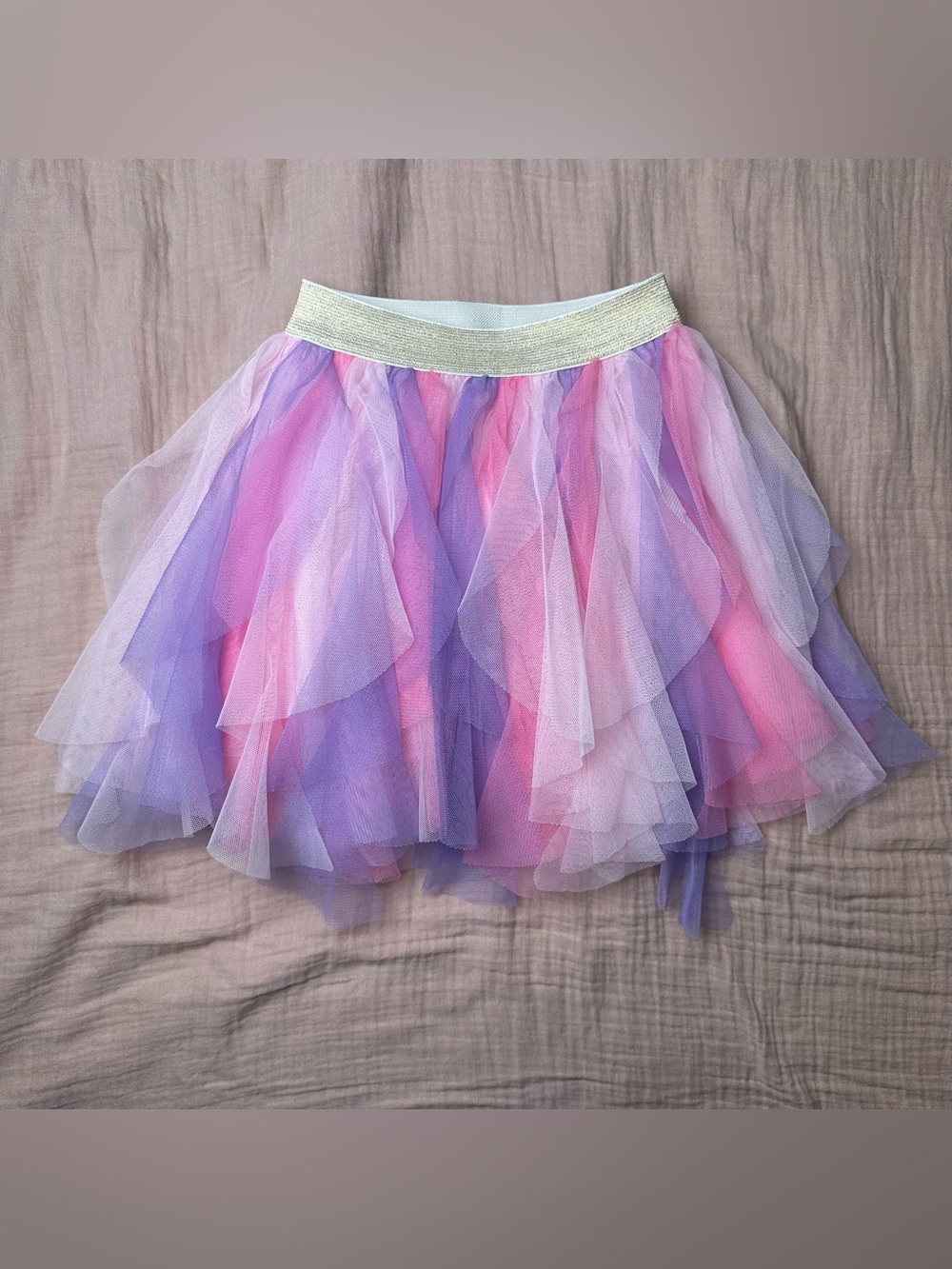 Girls Pink Purple Layered Tulle Tutu Skirt Gold Waist Party Dress Up 4-5 years